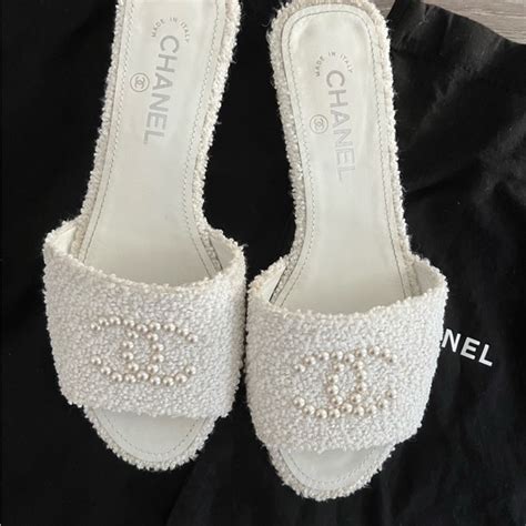 chanel white pearl slides|Chanel suede sandals.